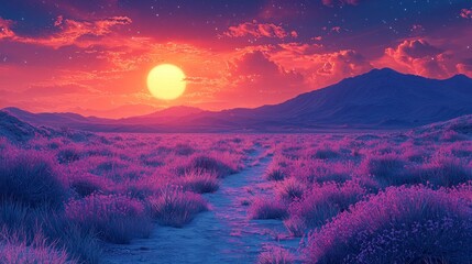 Wall Mural - Sun sets over purple field.