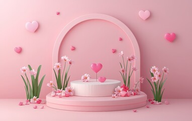 Wall Mural - A delightful pink cake adorned with a charming heart rests elegantly on a pedestal, perfect for celebrating love on Valentine's Day.