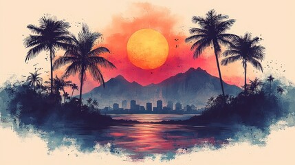 Wall Mural - Sunset scene with city view.