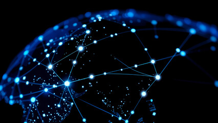 Abstract digital planet Earth with a global network and connectivity concept made of glowing dots, lines, or connections on a black background, blue frosted glass acrylic material.