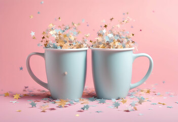 Wall Mural - winner copy stars festive lay top flat space confetti background pastel cups cup champion gold trophy succeed award achievement group power concept star place shine success