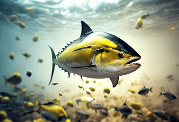 bait squids illustration background fin realistic black yellow tuna attacks white swim attack albaco