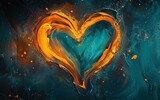 A glowing heart made from swirling liquid paint in shades of orange and teal for valentines day
