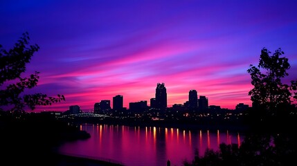 Wall Mural - Vibrant Cityscape Sunset: A Stunning Pink and Purple Twilight over the River