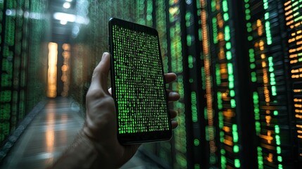 Hand holding smartphone displaying green digital code