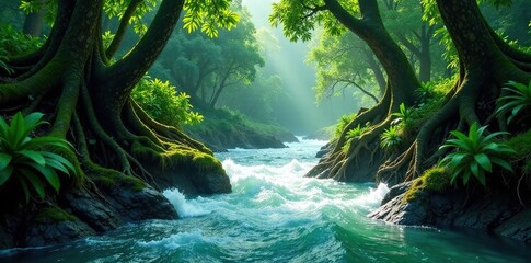 Wall Mural - Turbulent waters weave through emerald foliage, roots tangled in ancient trees, rainforest, forest