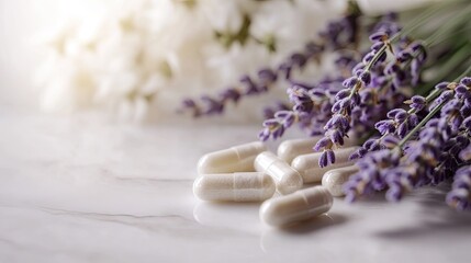 Wall Mural - Herbal supplement capsules with lavender and flowers.