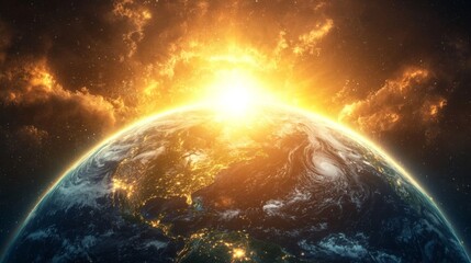Wall Mural - stunning celestial view of earth against a bright sunrise with vibrant clouds and glowing atmosphere