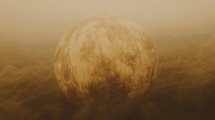 Wall Mural - enigmatic planet emerging from thick clouds in a golden atmosphere with mysterious texture and depth