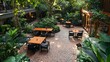 © pongtap - Relaxing dining experience in lush green restaurant courtyard