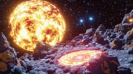 Wall Mural - majestic celestial landscape with exploding star and cosmic surface details in an otherworldly setti