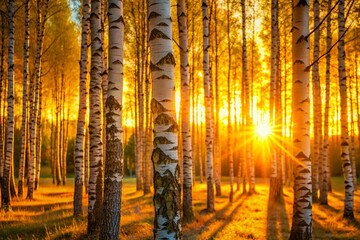 Wall Mural - Finnish Summer Birch Forest Sunset: Golden Hour Landscape Photography