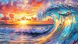 © hazia - Vibrant sunset over ocean with large breaking wave.