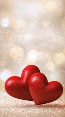 two glossy red hearts on glittery golden background with beautiful bokeh effect, romantic valentine'