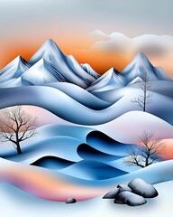 Wall Mural - vibrant winter landscape featuring snow-covered mountains, rolling hills, and a colorful sky at suns