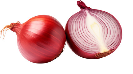 High-resolution image of red onions, one whole and one halved, perfect for culinary websites, food blogs, or cookbooks.  Ideal for showcasing fresh produce and healthy eating. transparency background