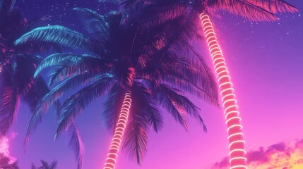 Wall Mural - neon-lit palm trees at sunset.