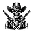 © Chris - Skeleton cowboy vector silhouette. Eerie skeleton with gun and hat in retro western Design. Spooky outlaw artwork for t-shirt print
