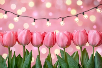 Wall Mural - A vibrant array of pink tulips glimmers softly under twinkling lights, creating a romantic atmosphere perfect for Valentine's Day celebrations.