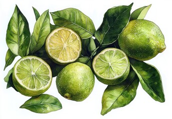 Realistic watercolor illustration of lime fruit tree branch with leaves and whole limes hand-painted fresh tropical food design