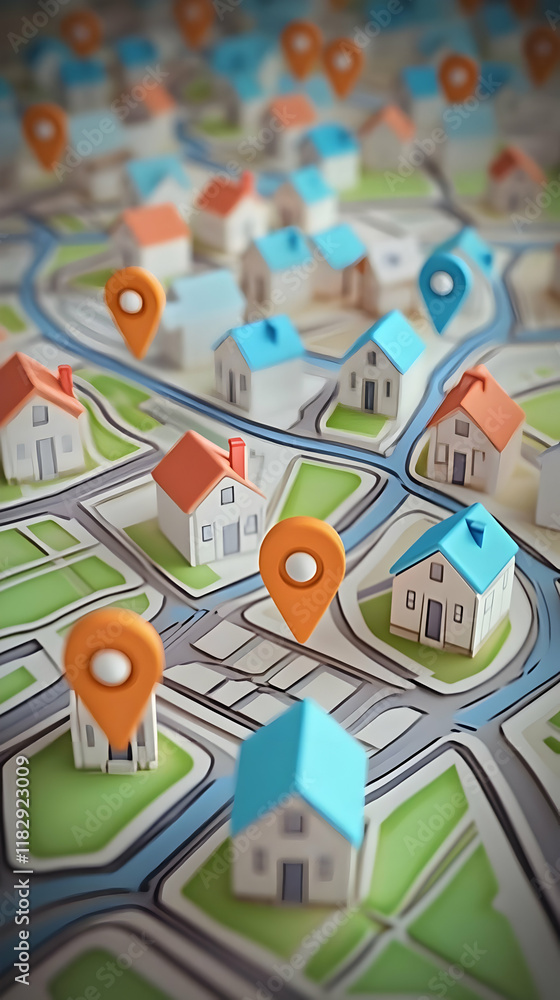 House Pin Map 3D Map Shows Location Pins Marking Houses in a Residential Area with ...