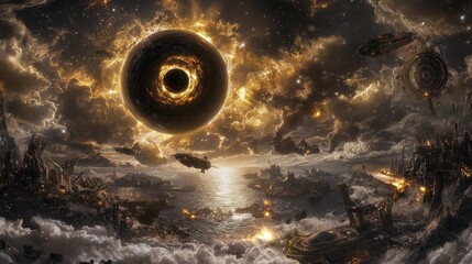 Wall Mural - dramatic cosmic scene with black sphere and surrounding spaceships above turbulent seas and fiery sk