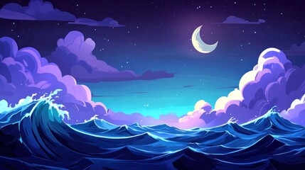 Wall Mural - night ocean scene with crescent moon and waves.