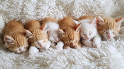 A peaceful moment with orange and white kittens napping on a fluffy furry blanket, showcasing their cuteness and comfort.