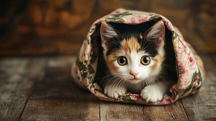 A playful calico kitten peeking out from a floral bag, set against a warm wooden background, creating a heartwarming and adorable image.