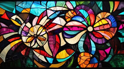 Wall Mural - A vibrant stained glass artwork, blending intricate floral and geometric patterns, creating a beautiful and colorful display of light and design.