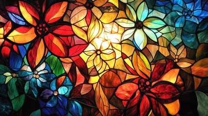 Wall Mural - A vibrant stained glass artwork, blending intricate floral and geometric patterns, creating a beautiful and colorful display of light and design.