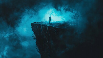 Wall Mural - mysterious silhouette on a foggy cliff against a dark atmospheric background