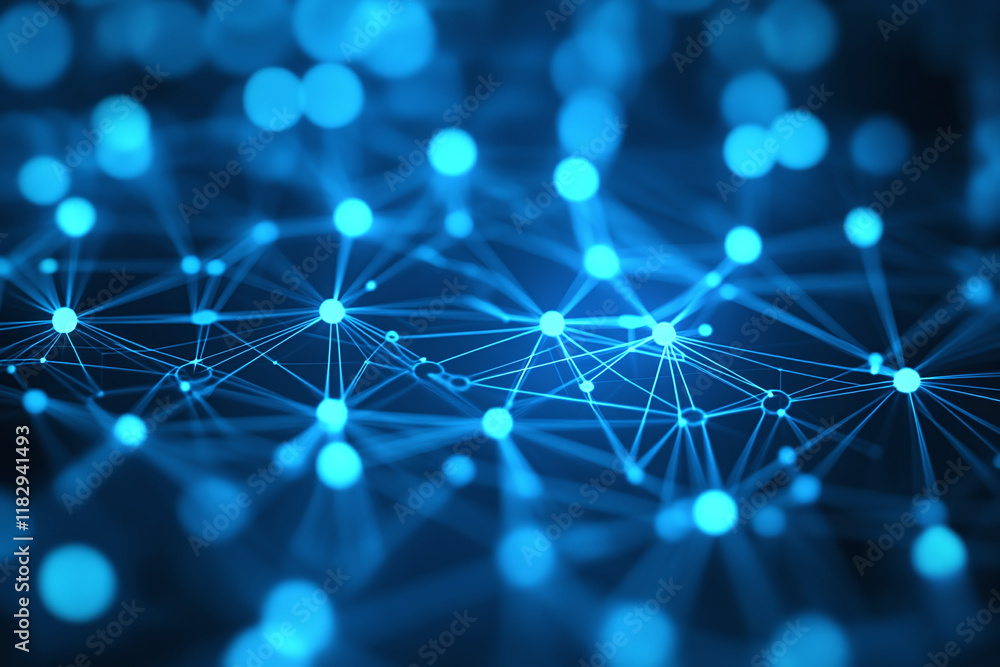 Background, abstract network with nodes and lines on blue bokeh ...