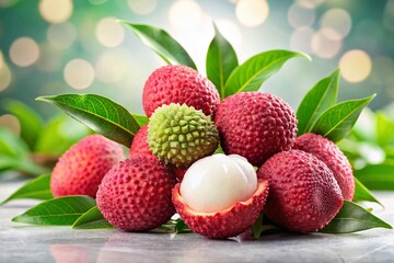 Wall Mural - Fresh Litchi Fruit with Green Leaves – High-Resolution Stock Photo with Clipping Paths