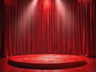 Aufkleber - Red Stage Podium with Spotlight and Crimson Curtain Background for Performance Presentation