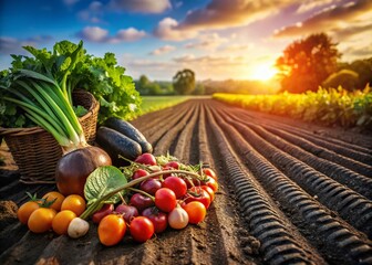 Wall Mural - Freshly Harvested Vegetables in a Field with Tractor Tire Tracks