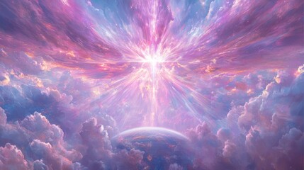 Wall Mural - ethereal cosmic light displaying divine patterns above a colorful celestial landscape with clouds an