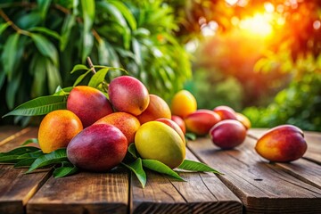 Wall Mural - Fresh Ripe Mangoes on Rustic Wooden Table in Nature - Stock Photo