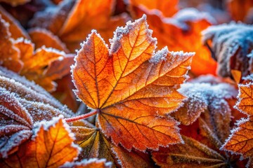 Wall Mural - Frosty Orange Autumn Leaves - Low Light Photography Stock Image