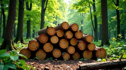 Aufkleber - A stack of neatly arranged logs rests in a sun-dappled forest clearing, surrounded by lush green vegetation.