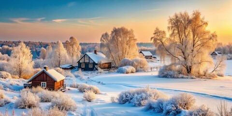 Wall Mural - Frozen Moscow Winter: Rural Scene, Snow Covered Landscape, Russia