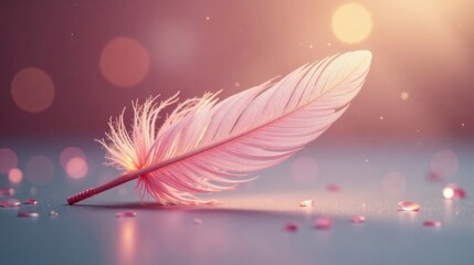 Poster - Delicate Pink Feather Resting on a Smooth Surface with Soft Light and Sparkling Gems