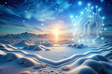 Wall Mural - Futuristic Snowy Landscape with Glowing Circuit Base - Abstract Sci-Fi Winter Scene