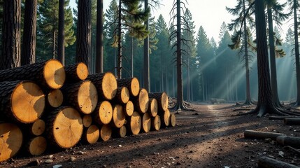 Aufkleber - Sunbeams illuminate a stack of freshly cut logs in a pine forest