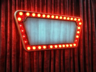Aufkleber - Vintage theater marquee sign glowing retro light bulbs red curtain background 3D rendering