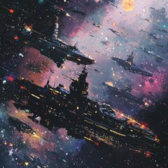 Wall Mural - stunning digital artwork of space battle with futuristic ships in colorful cosmic background