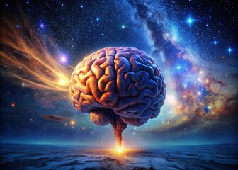 Wall Mural - glowing brain in starry night sky - cosmic consciousness stock photo