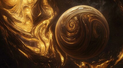 Wall Mural - abstract space scene featuring a planet with golden swirls and cosmic textures set against a dark ba