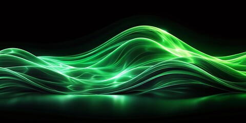 Wall Mural - Glowing Green Waves Abstract Background - Soft Wavy Pattern Isolated on Black