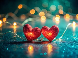 Wall Mural - Glowing Hearts Connected by String - Dark Teal Background - Romantic Stock Photo